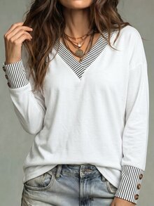 Women's Autumn/Winter New Hot-Selling Striped Patchwork Layered V-Neck Casual Versatile Plus Size T-Shirt - Multicolor - View 3