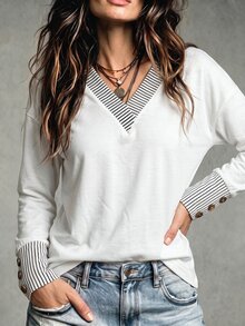 Women's Autumn/Winter New Hot-Selling Striped Patchwork Layered V-Neck Casual Versatile Plus Size T-Shirt - Multicolor - View 5