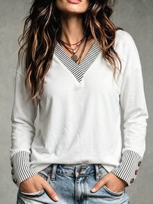 Women's Autumn/Winter New Hot-Selling Striped Patchwork Layered V-Neck Casual Versatile Plus Size T-Shirt - Multicolor - View 1