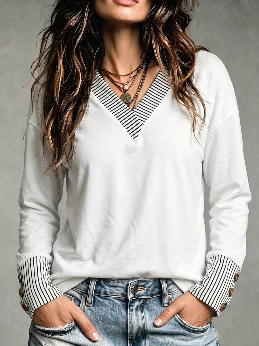 Women's Autumn/Winter New Hot-Selling Striped Patchwork Layered V-Neck Casual Versatile Plus Size T-Shirt - Multicolor - View 1