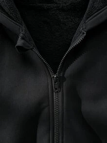 SHEIN 青少年女孩長袖抓絨內裡純色黑色夾克，萬聖節冬季風格，適合上學與外出，Y2K可愛風 - 黑色 - 查看 9