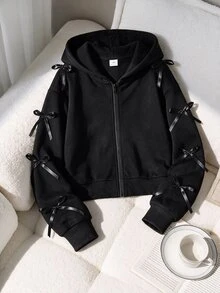 SHEIN 青少年女孩長袖抓絨內裡純色黑色夾克，萬聖節冬季風格，適合上學與外出，Y2K可愛風 - 黑色 - 查看 4