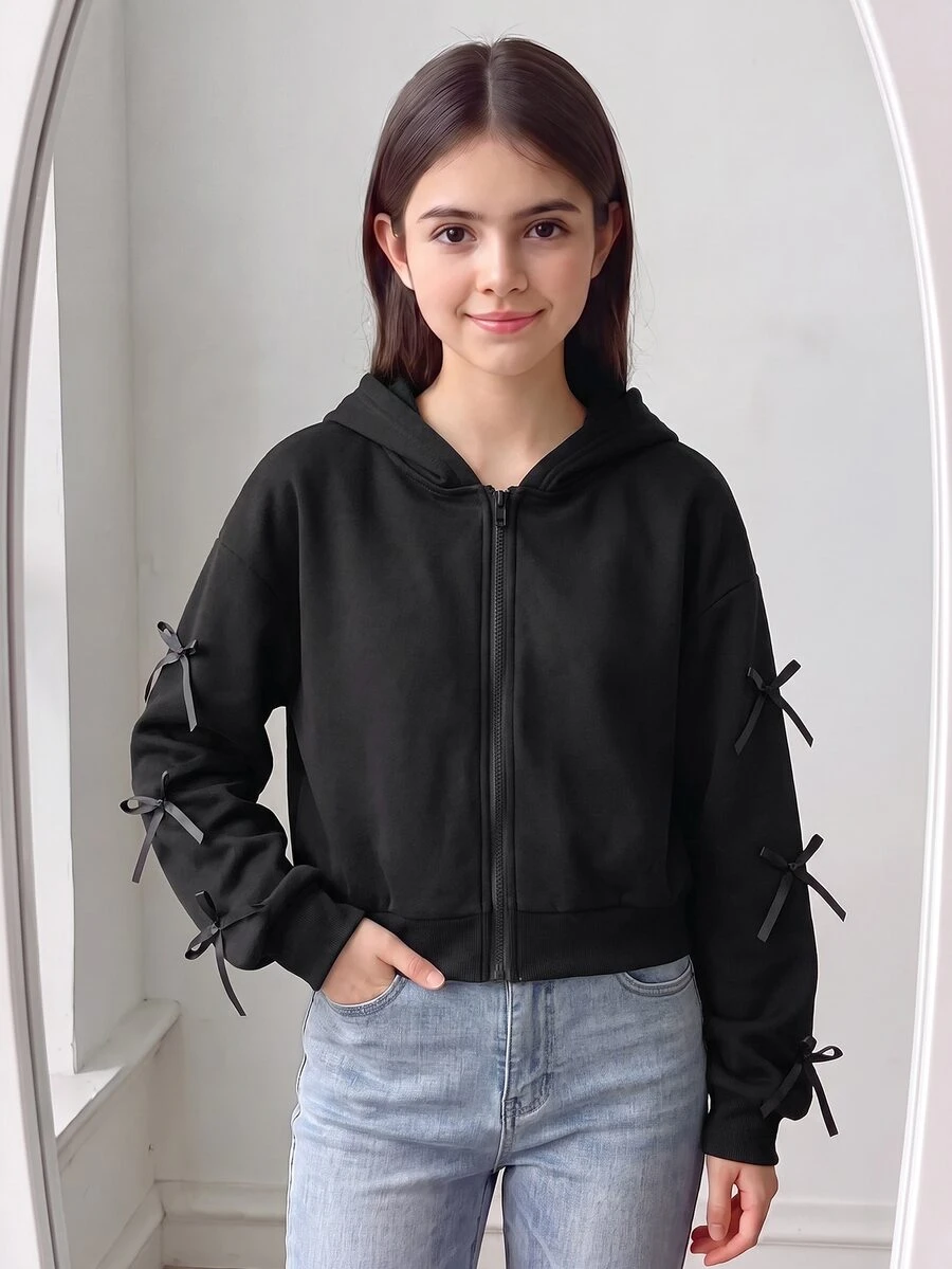 SHEIN 青少年女孩長袖抓絨內裡純色黑色夾克，萬聖節冬季風格，適合上學與外出，Y2K可愛風