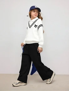 SHEIN Tween Girls Autumn Outfits 2pcs/Set Round Neck Casual Cute Colorblock White Black 2 In 1 Sweatshirt With Bow Decor Pants School Student - Black - View 8