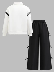 SHEIN Tween Girls Autumn Outfits 2pcs/Set Round Neck Casual Cute Colorblock White Black 2 In 1 Sweatshirt With Bow Decor Pants School Student - Black - View 5