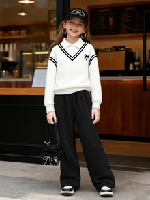 SHEIN Tween Girls Autumn Outfits 2pcs/Set Round Neck Casual Cute Colorblock White Black 2 In 1 Sweatshirt With Bow Decor Pants School Student - Black - View 11
