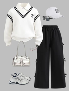 SHEIN Tween Girls Autumn Outfits 2pcs/Set Round Neck Casual Cute Colorblock White Black 2 In 1 Sweatshirt With Bow Decor Pants School Student - Black - View 10