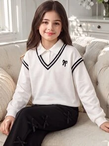 SHEIN Tween Girls Autumn Outfits 2pcs/Set Round Neck Casual Cute Colorblock White Black 2 In 1 Sweatshirt With Bow Decor Pants School Student - Black - View 2