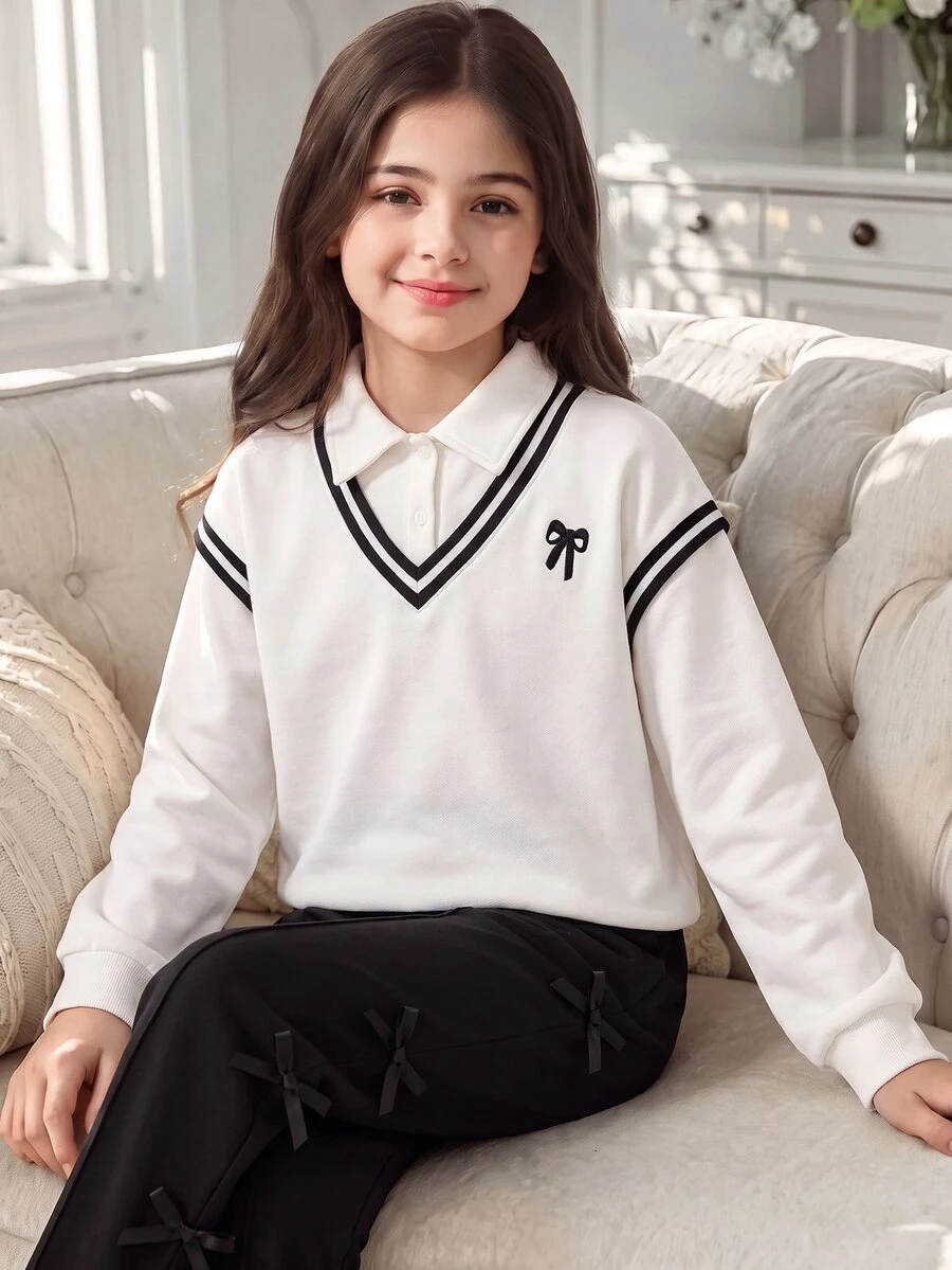 SHEIN Tween Girls Autumn Outfits 2pcs/Set Round Neck Casual Cute Colorblock White Black 2 In 1 Sweatshirt With Bow Decor Pants School Student