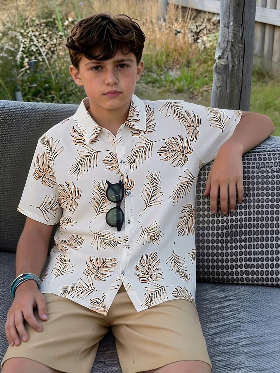 SHEIN 2pcs/Set Teens' Summer New Vacation Style All-Over Print Short Sleeve Shirt And Shorts Set