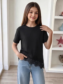 SHEIN Tween Girls Casual Elegant Solid Color Lace Patchwork Short Sleeve T-Shirt, Summer, Outfit, Comfortable, Daily, Minimalist, Vacation School Black - Black - View 2