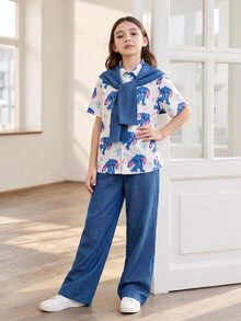 SHEIN 少女可愛卡通短袖上衣配圍巾領與寬腿褲 2件套甜美鈕扣開襟休閒街頭風套裝 - 藍色 - 查看 1