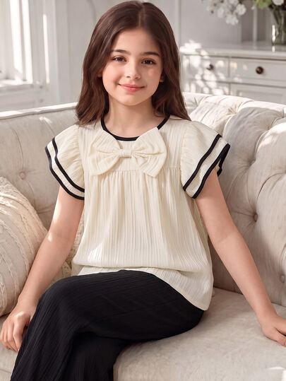 SHEIN Bộ 2 món cho bé gái tween đen trắng, phong cách preppy thập niên 80, mùa hè, thường ngày, trang phục tiệc trà, cổ vũ trường học, đồ đi chơi lễ, thoải mái, dễ thương