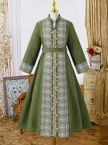 SHEIN 绿色V领金色滚边印花连衣裙，优雅百搭的简约时尚，适合家庭聚会、度假、春夏秋季穿着。 - 軍綠色 - 查看 11