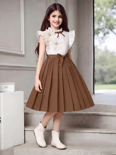 SHEIN Tween Girls Girls' Elegant Versatile Khaki Short Sleeve Mini Dress, White And Brown, Summer, Party, Back-To-School, Casual, Graduation, Outfit