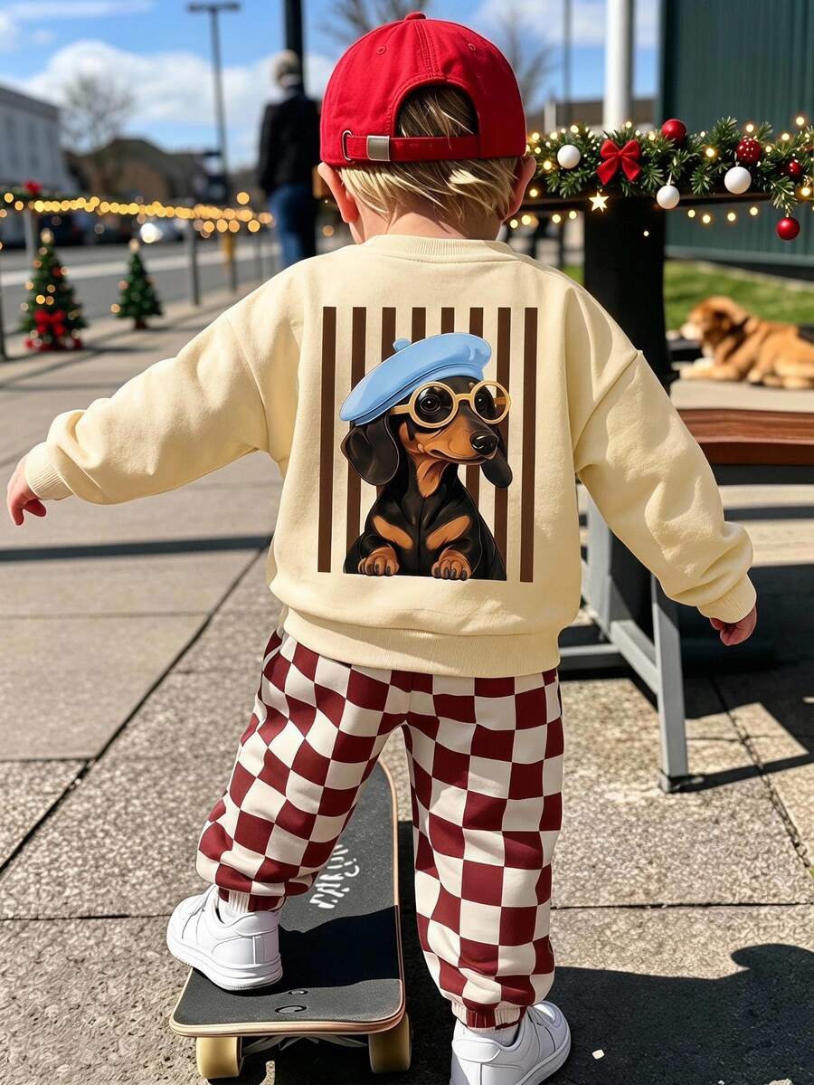 2pcs Boys Cartoon Red Long Sleeve Fleece Sweatshirt Matching Pants Set, Striped Graffiti Dachshund Pattern, Loose Casual Fall Birthday Beach - Multicolor - View 1
