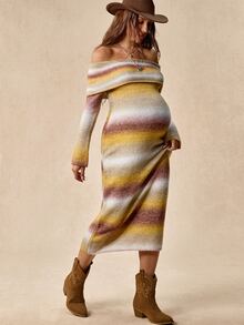 Boho Mama Maternity Gradient Color Off-Shoulder Long Sleeve Fitted Fashion Knit Dress Winter - Multicolor - View 7