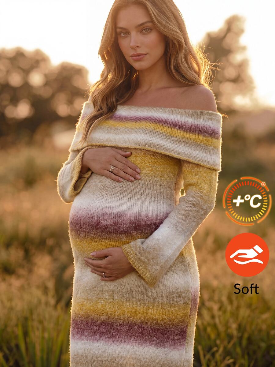 Boho Mama Maternity Gradient Color Off-Shoulder Long Sleeve Fitted Fashion Knit Dress Winter - Multicolor - View 1