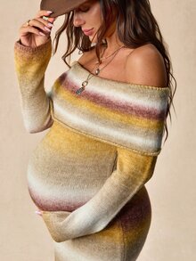 Boho Mama Maternity Gradient Color Off-Shoulder Long Sleeve Fitted Fashion Knit Dress Winter - Multicolor - View 3