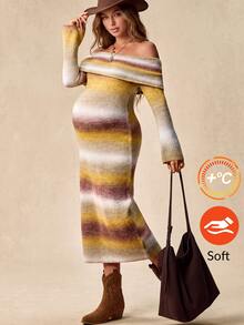 Boho Mama Maternity Gradient Color Off-Shoulder Long Sleeve Fitted Fashion Knit Dress Winter - Multicolor - View 2