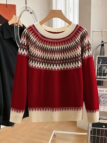 Lacomfia Áo len tay dài phối màu thường ngày phong cách casual cho nữ size lớn - Đỏ - Xem 3