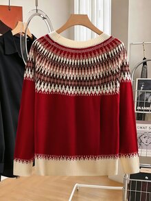 Lacomfia Áo len tay dài phối màu thường ngày phong cách casual cho nữ size lớn - Đỏ - Xem 2