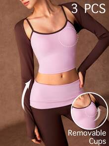 VARSIVA Women's Colorblock Camisole, Cardigan And Long Pants Casual Daily Sports Set - Multicolor - View 2