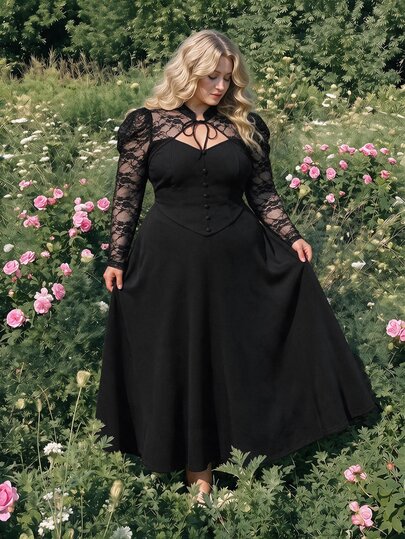 SHEIN MOD Women's Plus Size Gothic Dress, Elegant Lace Puff Sleeve Black Midi Dress, Suitable For Formal Party Wear