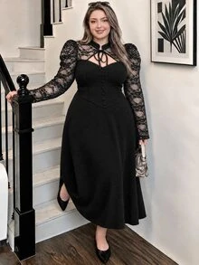 SHEIN MOD 女款大尺碼哥德風洋裝，優雅蕾絲泡泡袖黑色中長洋裝，適合正式派對穿著 - 黑色 - 查看 9