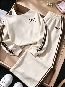 青少年女孩秋季蝴蝶結 Logo 露肩上衣與寬腿運動長褲 2 件套，休閒運動風秋季套裝 - 彩色 - 查看 4