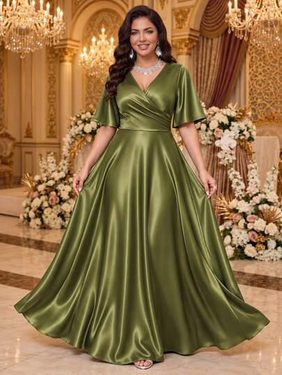 Auveirra Plus Size Women Solid Color V-Neck Pleated Casual Elegant Party Formal Dinner Wedding Formal Dinner Dress Wedding Olive Green Summer Wedding Christmas