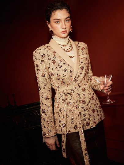Arave Women's Blazer Slim Fit Sequin Tweed Tie Waist Shawl Collar Long Sleeve Elegant Beige Sequin Floral Pattern Women's Jacket Sequin Top Christmas