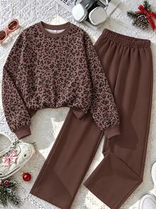女童秋季聖誕休閒運動套裝，咖啡棕豹紋圓領長袖衛衣搭配寬腿褲，畢業季 - 彩色 - 查看 3