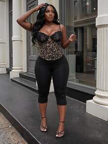 Slaydiva Underwire Bra Cup Lace Patchwork Leopard Print Striped Tank Top + Black 7 Inch Tight Cycling Pants Women Plus Size 2 Pieces Set Brown Summer - Multicolor - View 2