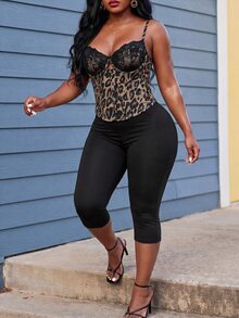 Slaydiva Underwire Bra Cup Lace Patchwork Leopard Print Striped Tank Top + Black 7 Inch Tight Cycling Pants Women Plus Size 2 Pieces Set Brown Summer - Multicolor - View 6
