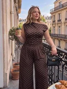 SHEIN MOD Plus Size Women Polka Dot Print Asymmetrical Shoulder Top And Wide Leg Pants Fashion 2 Pieces Set - Brown - View 8