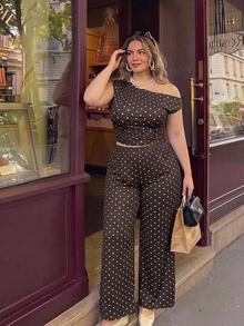 SHEIN MOD Plus Size Women Polka Dot Print Asymmetrical Shoulder Top And Wide Leg Pants Fashion 2 Pieces Set - Brown - View 7