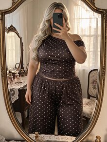 SHEIN MOD Plus Size Women Polka Dot Print Asymmetrical Shoulder Top And Wide Leg Pants Fashion 2 Pieces Set - Brown - View 6