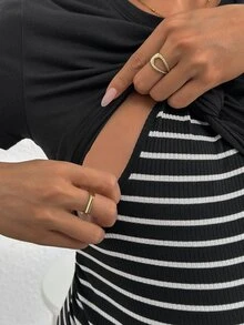 SHEIN Vestido de maternidad y lactancia ajustado con bloques de color, rayas y parches de mujer embarazada - Blanco y Negro - Ver 4