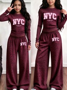 青少年女孩 2 件組豹紋 NYC 字母長袖上衣與寬腿褲套裝，棕色，秋季套裝穿搭 - 彩色 - 查看 3