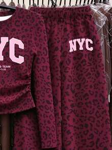 青少年女孩 2 件組豹紋 NYC 字母長袖上衣與寬腿褲套裝，棕色，秋季套裝穿搭 - 彩色 - 查看 6