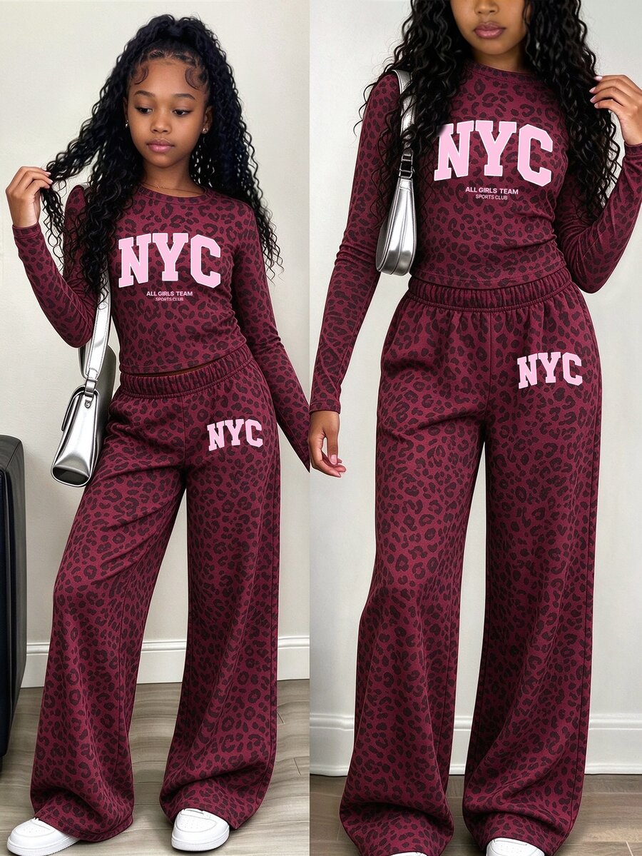 青少年女孩 2 件組豹紋 NYC 字母長袖上衣與寬腿褲套裝,棕色,秋季套裝穿搭 - 彩色 - 查看 1