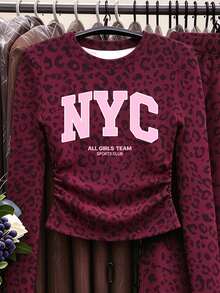 青少年女孩 2 件組豹紋 NYC 字母長袖上衣與寬腿褲套裝，棕色，秋季套裝穿搭 - 彩色 - 查看 5