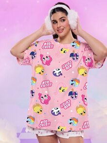 My Little Pony X SHEIN 大尺碼夏季休閒卡通印花短袖T恤 - 白色 - 查看 1