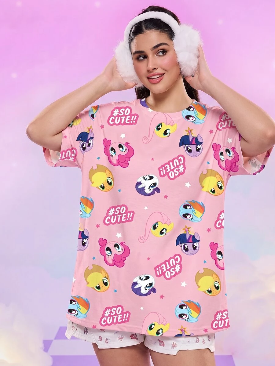 My Little Pony X SHEIN 大尺碼夏季休閒卡通印花短袖T恤 - 白色 - 查看 1