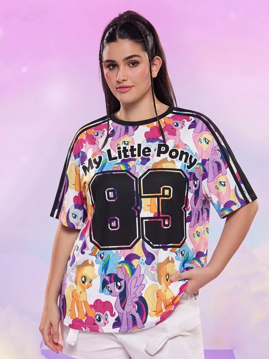 My Little Pony X SHEIN 大尺碼卡通印花短袖T恤 - 白色 - 查看 1