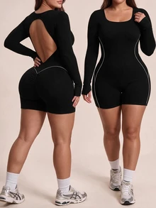 SHEIN Rhythm Era Plus 1pc Cut Out Back Contrast Piping Sports Romper Fall - Black - View 5