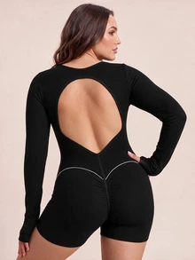 SHEIN Rhythm Era Plus 1pc Cut Out Back Contrast Piping Sports Romper Fall - Black - View 2