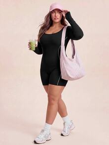 SHEIN Rhythm Era Plus 1pc Cut Out Back Contrast Piping Sports Romper Fall - Black - View 3