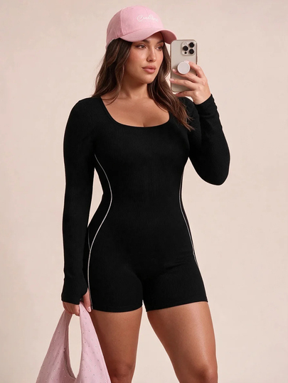 SHEIN Rhythm Era Plus 1pc Cut Out Back Contrast Piping Sports Romper Fall